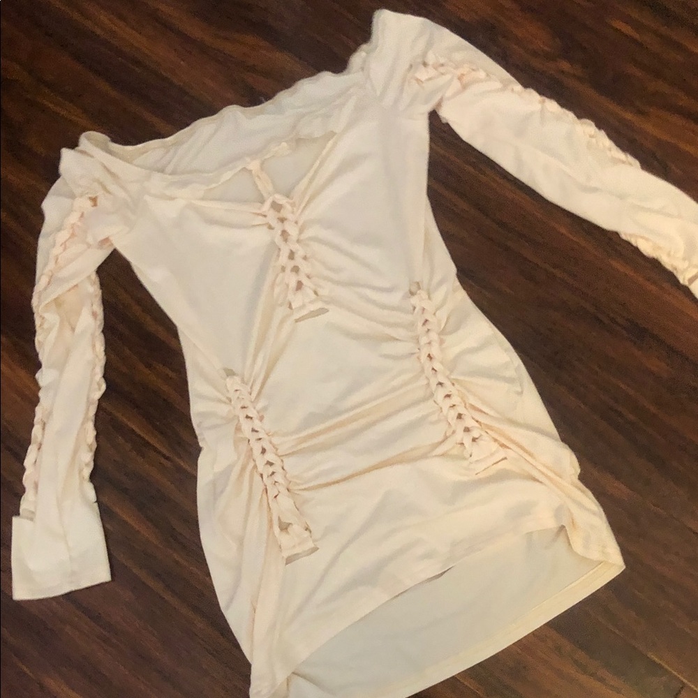 Cream Off-Shoulder Ruched Dress